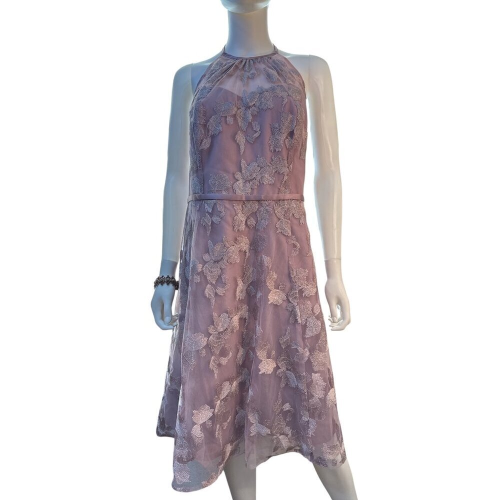 - Oleg Cassini Lavender Halter Dress with Sheer Embroidered Overlay Sz S NWT